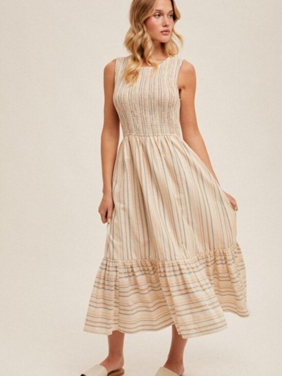 Hem & Thread Dresses & Skirts - HEM & THREAD Smocked Tiered Mixed Striped Midi Dress Size S NWT